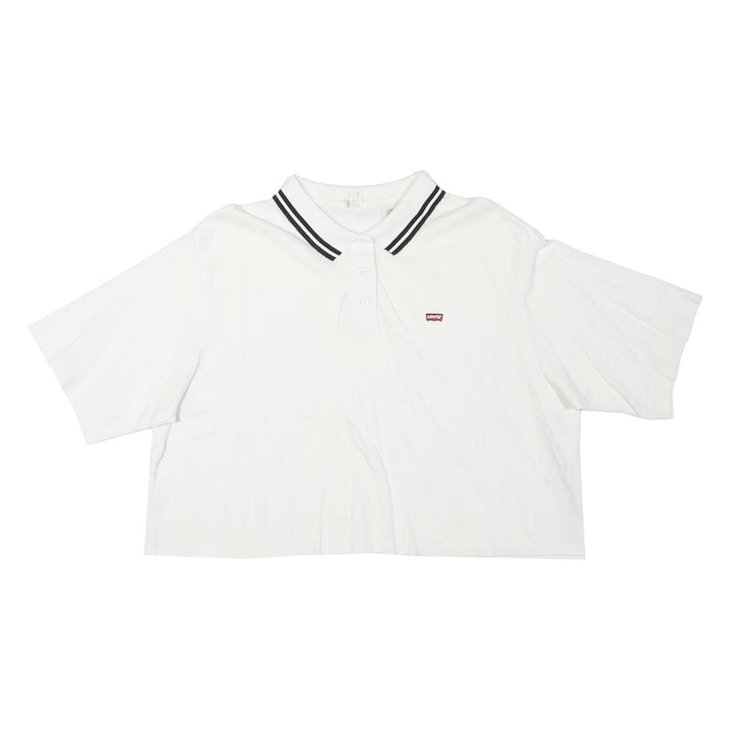 LEVI'S Womens White Cropped Polo Shirt L Cotton Blend Short Sleeve Striped