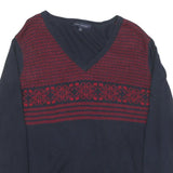 TOMMY HILFIGER Womens Blue & Red Patterned Jumper V-Neck Basic Knit XL Cotton