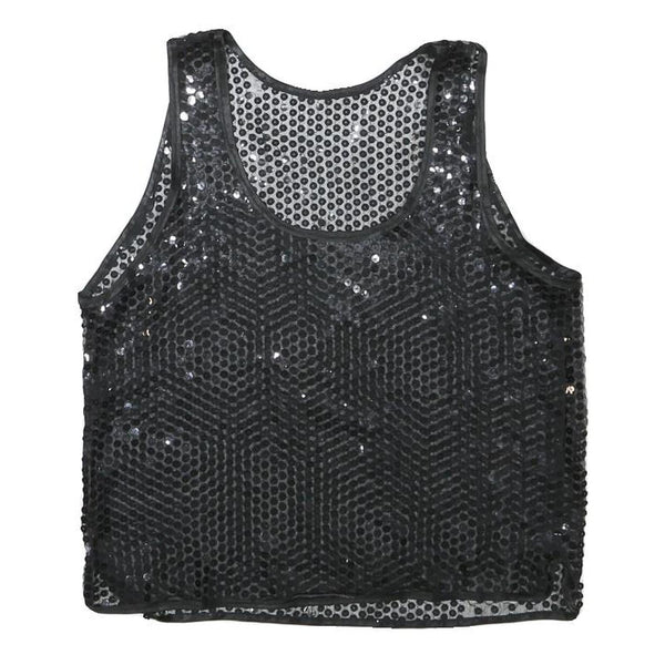 Womens Black Sequin Mesh Vest Sleeveless Round Neck XS Party Top Evening