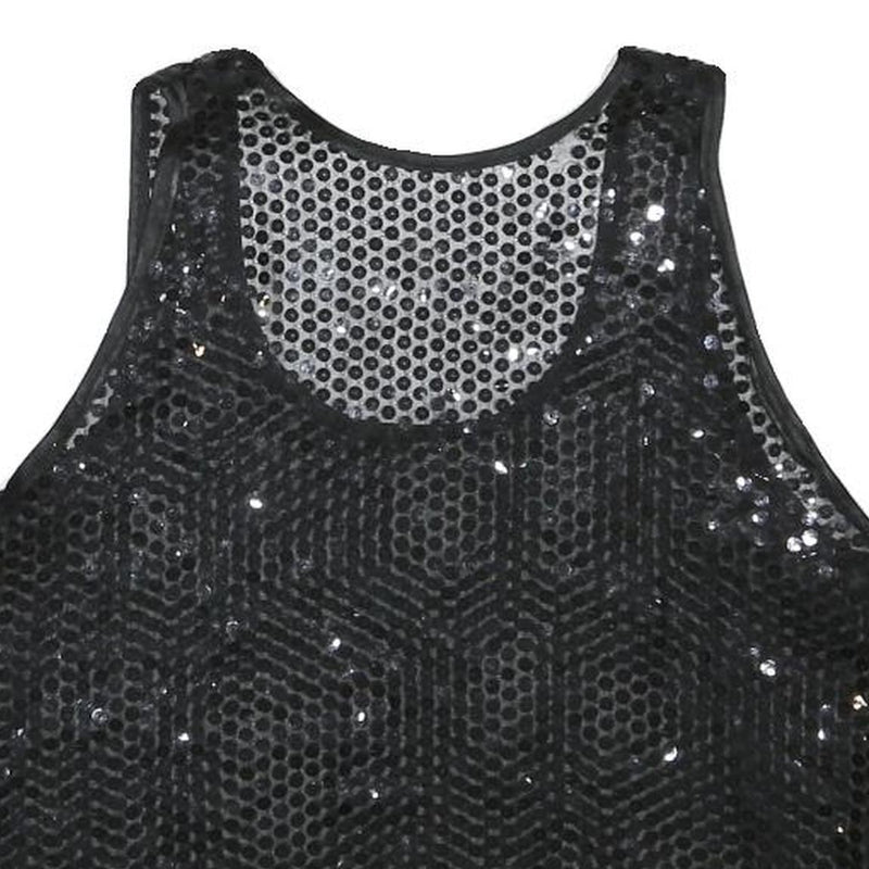 Womens Black Sequin Mesh Vest Sleeveless Round Neck XS Party Top Evening