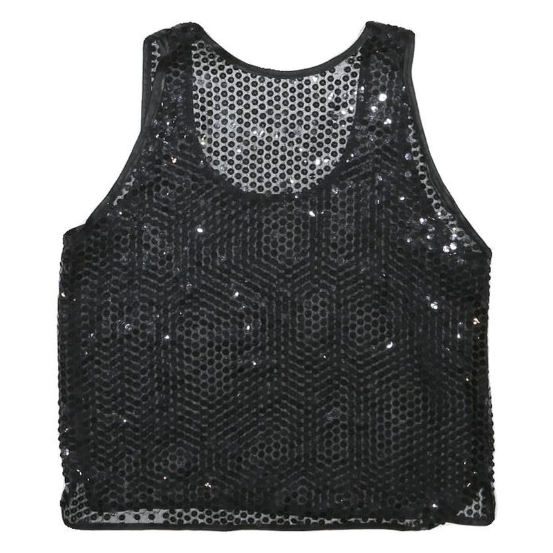 Womens Black Sequin Mesh Vest Sleeveless Round Neck XS Party Top Evening