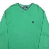 CHAPS Mens Green Plain V-Neck Basic Knit Jumper M Cotton Lightweight Classic