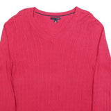 TOMMY HILFIGER Womens Red Cotton Patterned V Neck Jumper L Classic Cable Knit