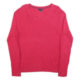 TOMMY HILFIGER Womens Red Cotton Patterned V Neck Jumper L Classic Cable Knit