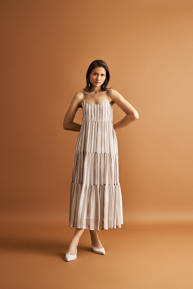 Strappy Tiered Maxi Dress in Beige Stripes