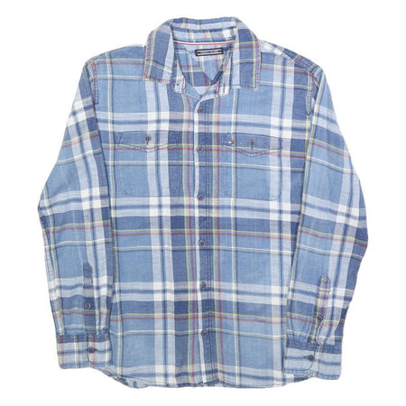 TOMMY HILFIGER Boys Blue & White Checked Shirt L Cotton Blend Button Long Sleeve