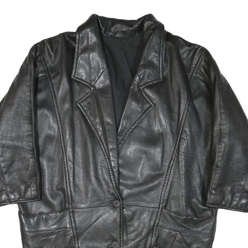 Womens Black Leather Jacket XL Button Closure Plain Soft Genuine