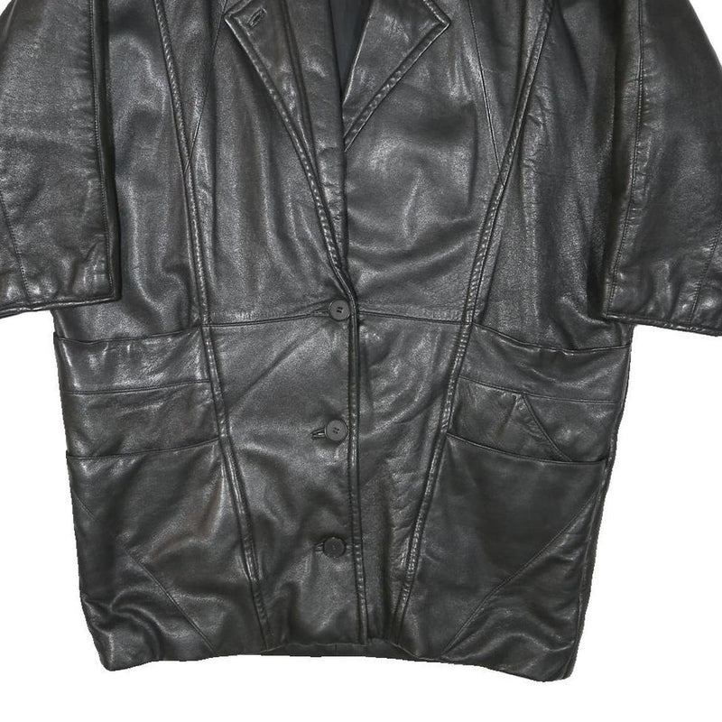 Womens Black Leather Jacket XL Button Closure Plain Soft Genuine