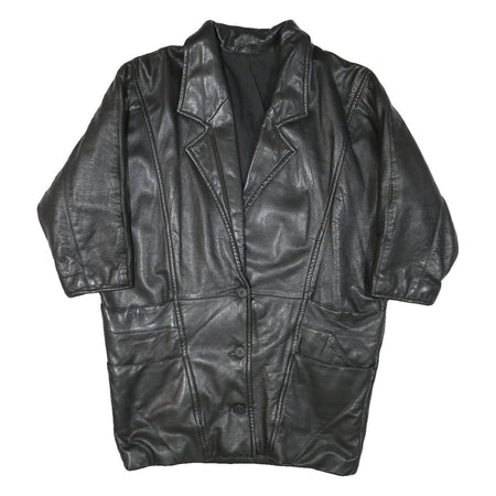 Womens Black Leather Jacket XL Button Closure Plain Soft Genuine