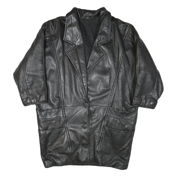 Womens Black Leather Jacket XL Button Closure Plain Soft Genuine