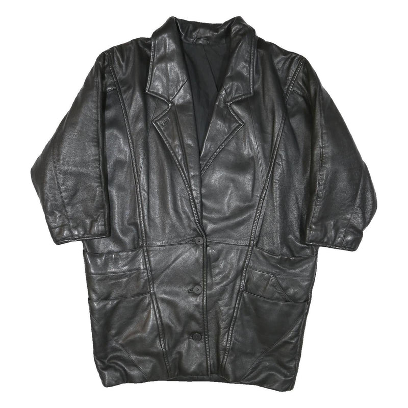 Womens Black Leather Jacket XL Button Closure Plain Soft Genuine