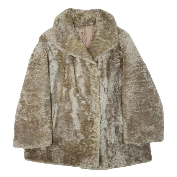 Womens Beige Polyester Blend Faux Fur Coat L Jacket Button Closure Plush