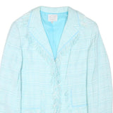 EXPENSIVE Womens Blue Button Jacket M Cotton Blend Tweed Fringed Cropped