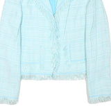 EXPENSIVE Womens Blue Button Jacket M Cotton Blend Tweed Fringed Cropped