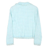 EXPENSIVE Womens Blue Button Jacket M Cotton Blend Tweed Fringed Cropped