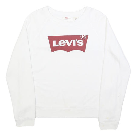 LEVI'S Womens White Cotton Blend Crew Neck Sweatshirt L Logo Print Casual
