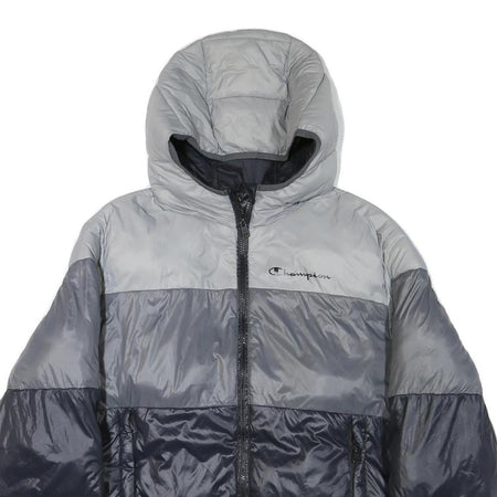 CHAMPION Mens Grey & Navy Puffer Jacket M Polyester Blend Zip Hooded Casual