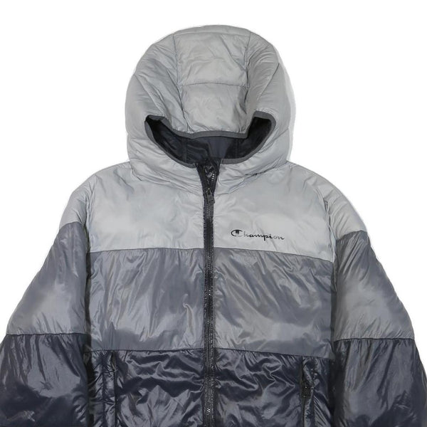 CHAMPION Mens Grey & Navy Puffer Jacket M Polyester Blend Zip Hooded Casual