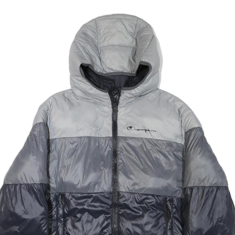 CHAMPION Mens Grey & Navy Puffer Jacket M Polyester Blend Zip Hooded Casual
