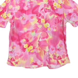 CALANIA Womens Pink Yellow Floral Short Sleeve Button Neck Top UK 16 Summer