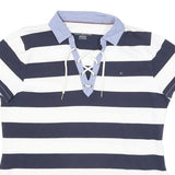 TOMMY HILFIGER Womens Blue & White Stripe Short Sleeve Polo Shirt XL Lace Up