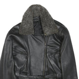 Womens Black Leather Jacket S Zip Faux Shearling Collar Classic Biker Outerwear
