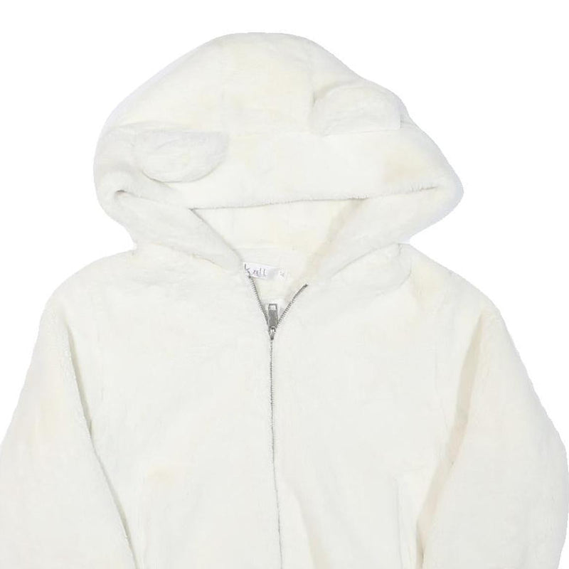 KIZELL Girls White Faux Fur Zip Hooded Jacket S Polyester Blend Cute Ear Detail