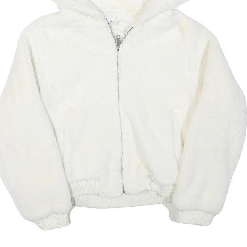 KIZELL Girls White Faux Fur Zip Hooded Jacket S Polyester Blend Cute Ear Detail