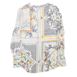 Womens White Printed Long Sleeve V-Neck Top M Patchwork Floral Zebra Design