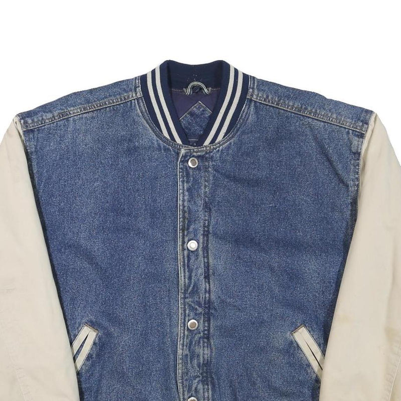 BASIC EDITIONS Mens Blue & Cream Cotton Blend Bomber Jacket M Button Closure