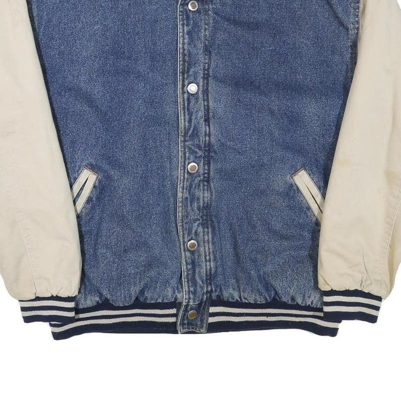 BASIC EDITIONS Mens Blue & Cream Cotton Blend Bomber Jacket M Button Closure