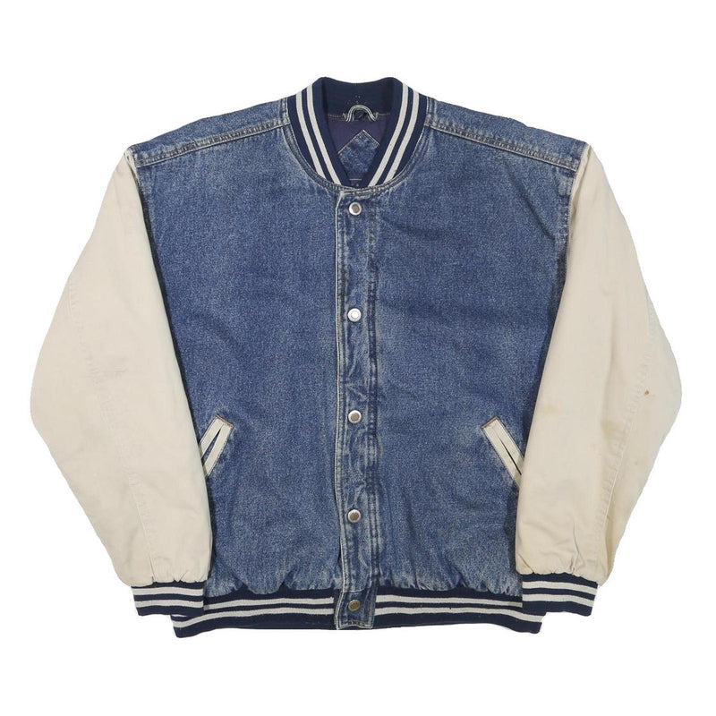 BASIC EDITIONS Mens Blue & Cream Cotton Blend Bomber Jacket M Button Closure