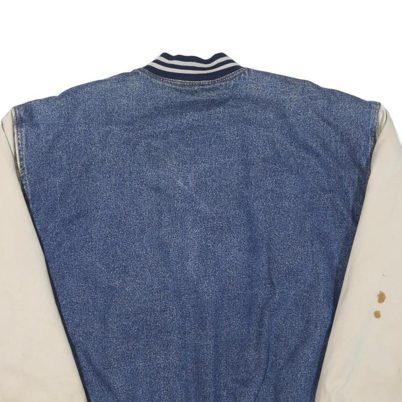 BASIC EDITIONS Mens Blue & Cream Cotton Blend Bomber Jacket M Button Closure