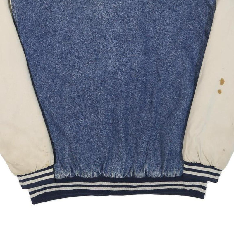 BASIC EDITIONS Mens Blue & Cream Cotton Blend Bomber Jacket M Button Closure