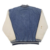 BASIC EDITIONS Mens Blue & Cream Cotton Blend Bomber Jacket M Button Closure