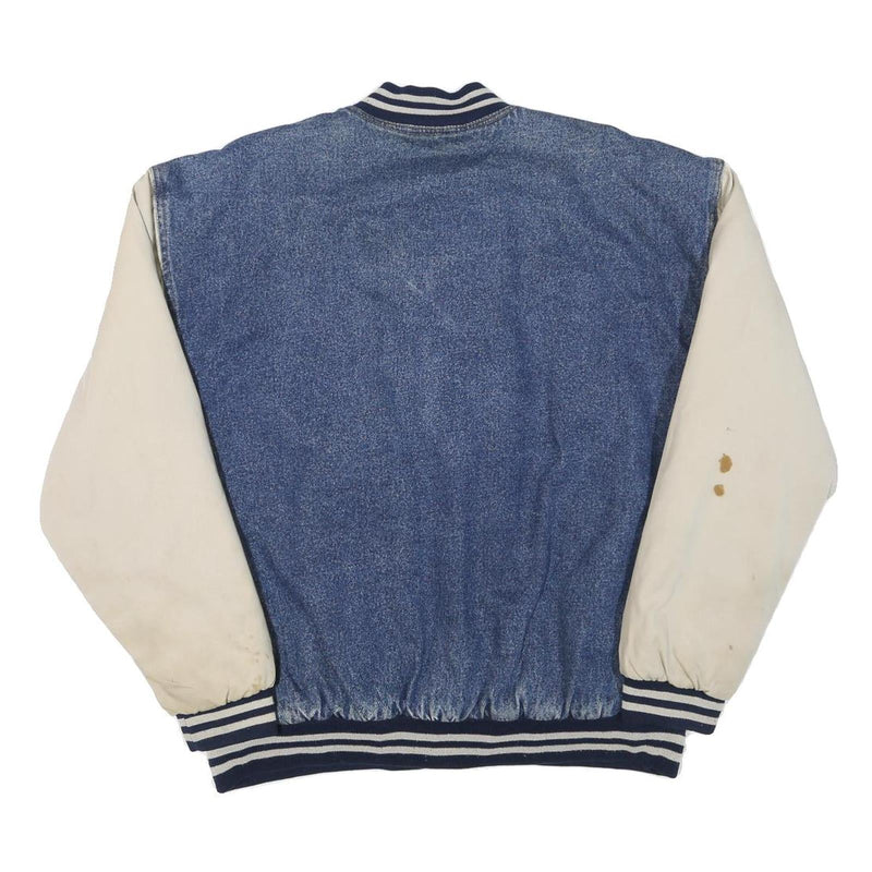 BASIC EDITIONS Mens Blue & Cream Cotton Blend Bomber Jacket M Button Closure