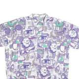 BREMO Mens White Purple & Green Abstract Cotton Shirt XL Casual Summer Pattern