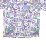 BREMO Mens White Purple & Green Abstract Cotton Shirt XL Casual Summer Pattern