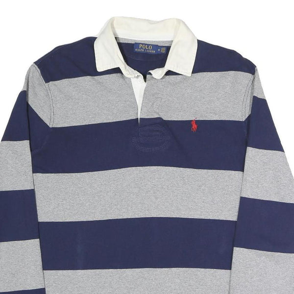 POLO RALPH LAUREN Mens Navy & Grey Rugby Stripe Long Sleeve Polo Shirt M Cotton