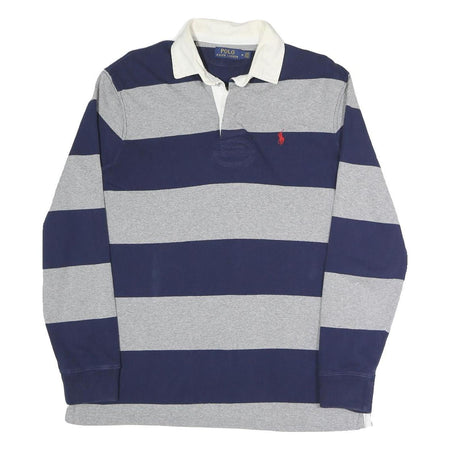 POLO RALPH LAUREN Mens Navy & Grey Rugby Stripe Long Sleeve Polo Shirt M Cotton