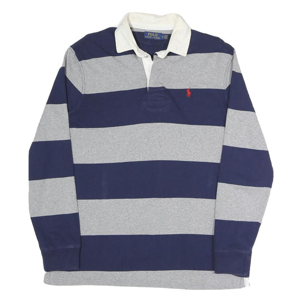 POLO RALPH LAUREN Mens Navy & Grey Rugby Stripe Long Sleeve Polo Shirt M Cotton