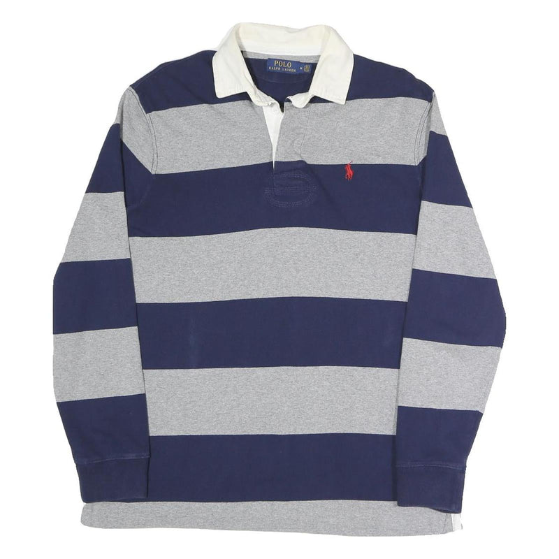 POLO RALPH LAUREN Mens Navy & Grey Rugby Stripe Long Sleeve Polo Shirt M Cotton