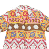 Womens Beige Brown Yellow Patterned Faux Silk Shirt L Short Sleeve Button