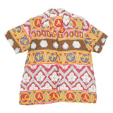 Womens Beige Brown Yellow Patterned Faux Silk Shirt L Short Sleeve Button