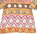 Womens Beige Brown Yellow Patterned Faux Silk Shirt L Short Sleeve Button