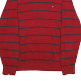 TOMMY HILFIGER Mens Red & Navy Striped Patterned V-Neck Plain Basic Knit L