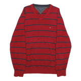 TOMMY HILFIGER Mens Red & Navy Striped Patterned V-Neck Plain Basic Knit L