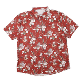 Mens Red Floral Pattern Shirt L Polyester Blend Button Short Sleeve Casual