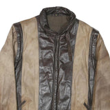 Mens Brown & Beige Leather Zip Jacket M Genuine Panelled Design Outerwear