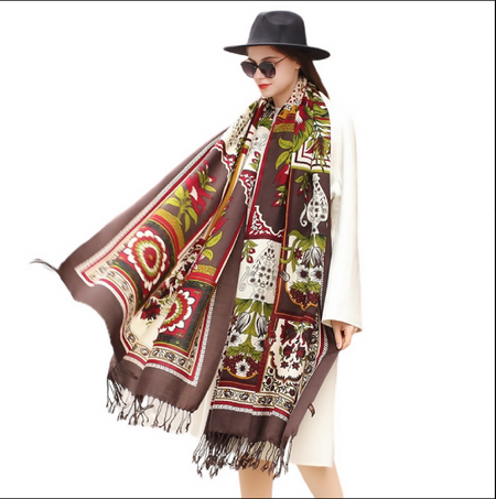 Anyyou 100% Merino Wool Dark Brown Flowers And Patterns Silk Satin Large Winter Scarf Pashmina Shawl Bandana Perfect For Women Ladies Fashion Style
